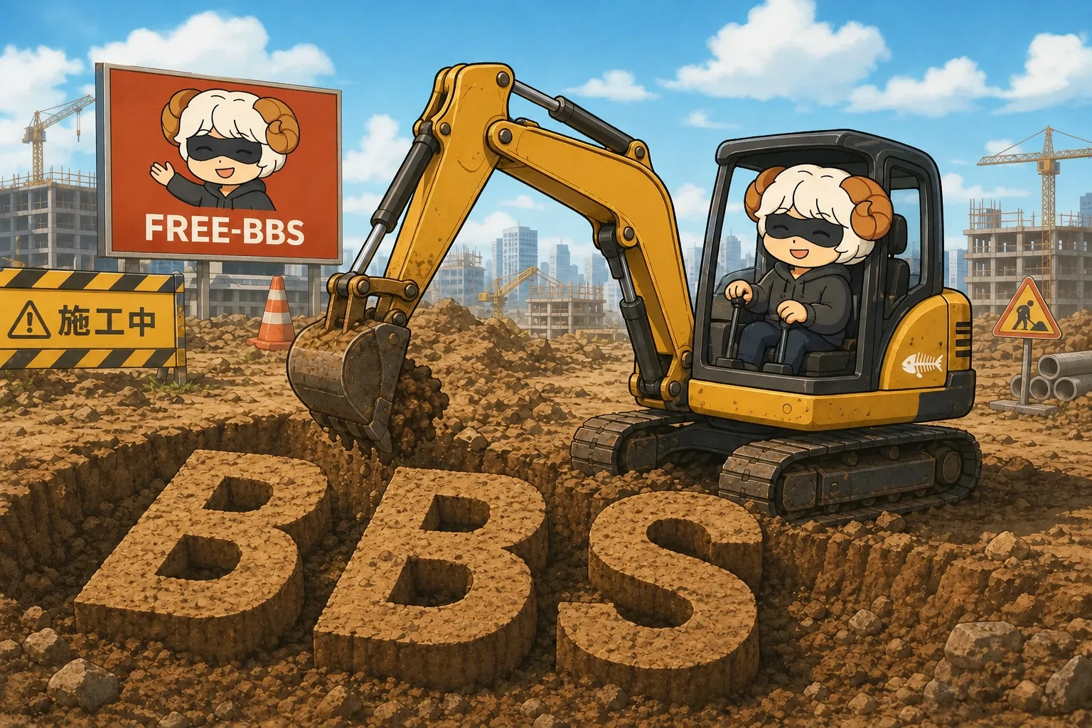 FREE-BBS 发展端施工现场，挖掘机前方为 BBS 字样